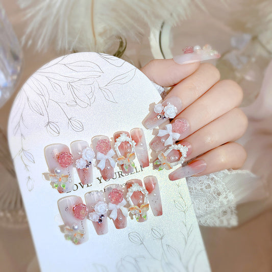 💅Ongles Préfabriqués avec Fleurs et Nœuds🌸